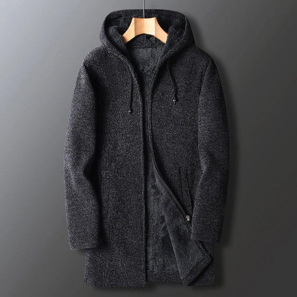 Veste à capuche homme – Coupe décontractée – Tissu chaud effet laine – Longue zippée