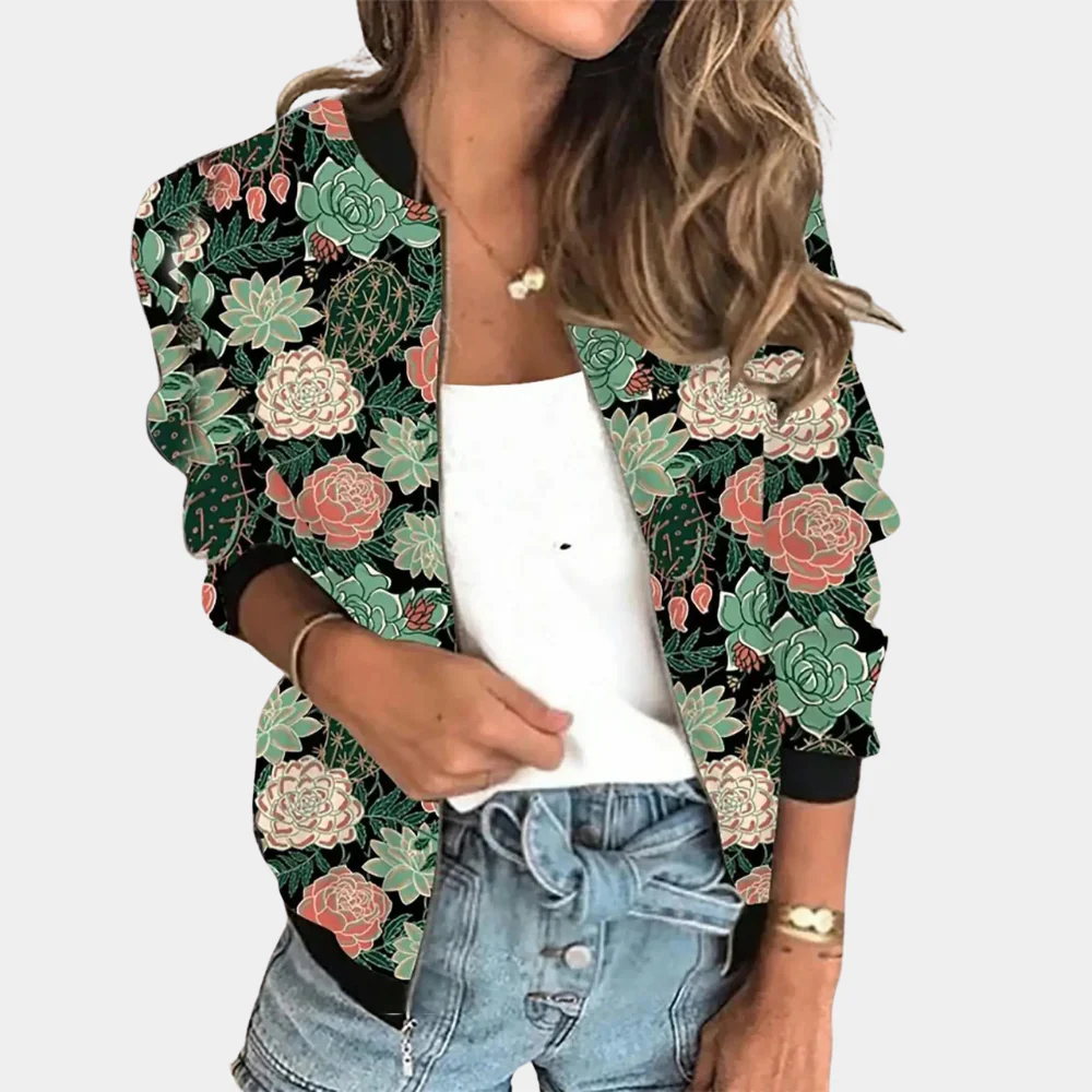 Veste bomber femme – Coupe décontractée – Tissu léger – Imprimé floral – Boutons pression