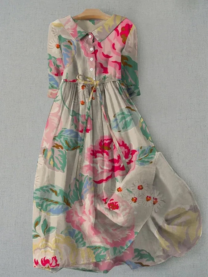 Robe midi femme – Coupe décontractée – Col chemise – Manches courtes – Imprimé floral