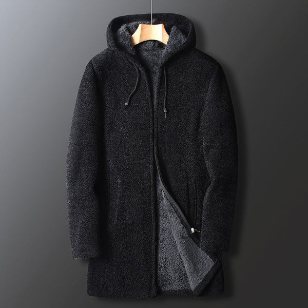 Veste à capuche homme – Coupe décontractée – Tissu chaud effet laine – Longue zippée