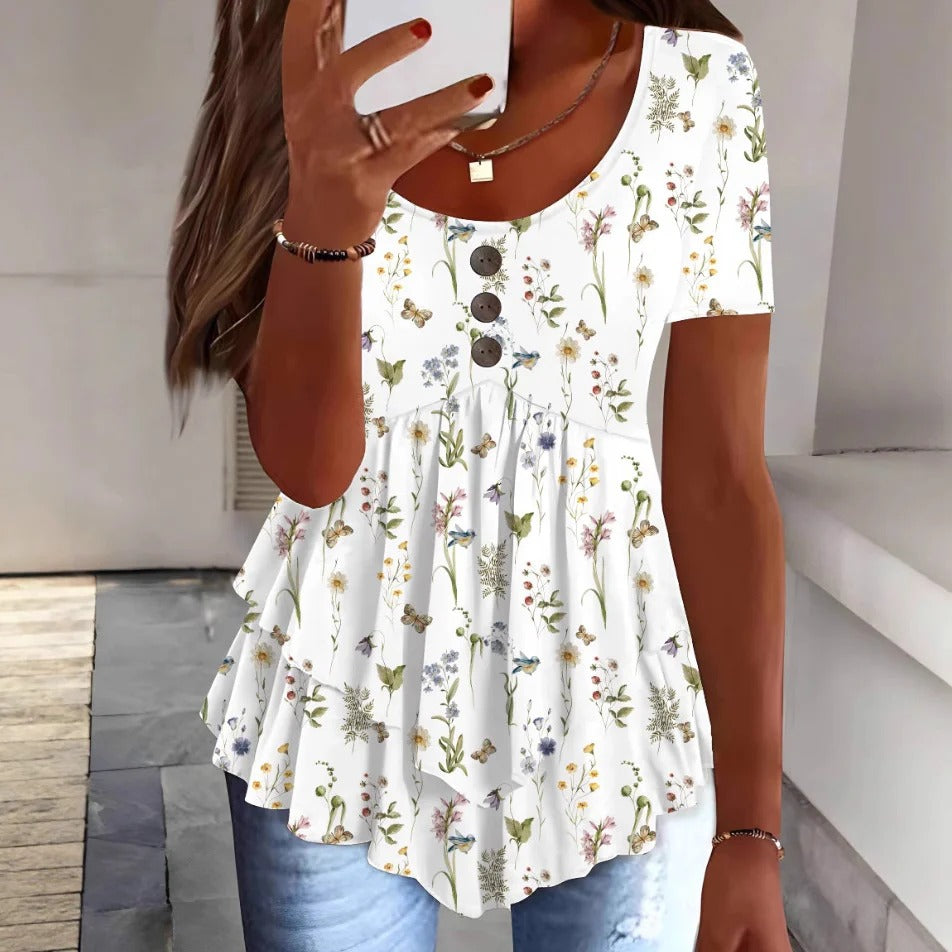 Blouse femme – Coupe décontractée – Boutonnée – Imprimé fleuri – Ourlet volanté