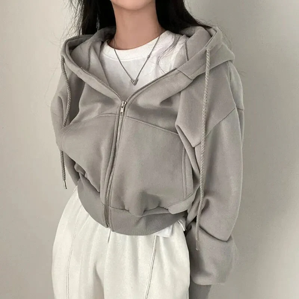 Sweat à capuche zippé femme – Coupe courte – Style oversize – Coton doux avec poches