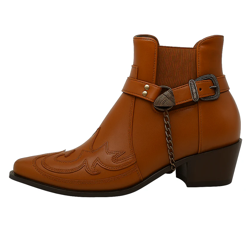 Bottes cowboy homme – Cuir – Bout pointu – Bracelet harnais – Enfilage facile