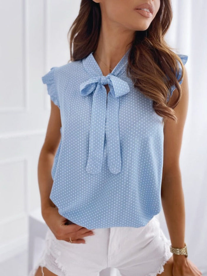Blouse sans manches femme – Coupe fluide – Nœud au col – Pois – Volants manches