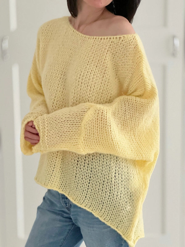 Pull femme – Coupe oversize – Maille épaisse – Épaules dénudées manches longues