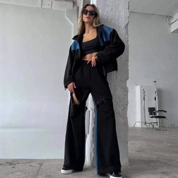 Ensemble Femme Loungewear – Hoodie Court Zippé – Pantalon Large Taille Élastique – Coton Doux