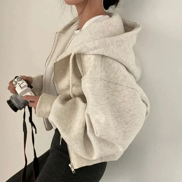 Sweat à capuche zippé femme – Coupe courte – Style oversize – Coton doux avec poches