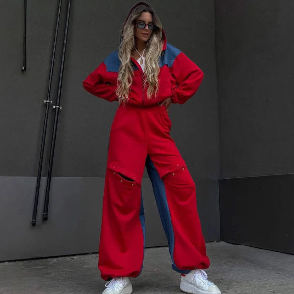 Ensemble Femme Loungewear – Hoodie Court Zippé – Pantalon Large Taille Élastique – Coton Doux