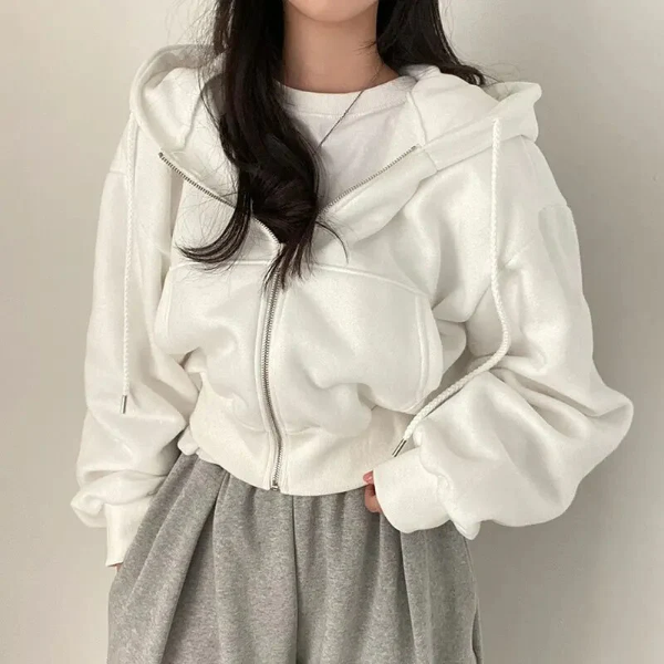 Sweat à capuche zippé femme – Coupe courte – Style oversize – Coton doux avec poches