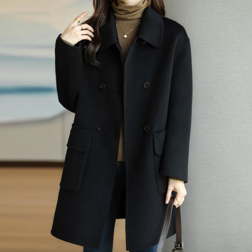 Manteau femme double boutonnage – Coupe structurée – Tissu effet laine – Col à revers