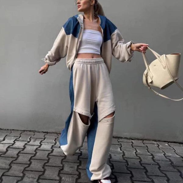 Ensemble Femme Loungewear – Hoodie Court Zippé – Pantalon Large Taille Élastique – Coton Doux