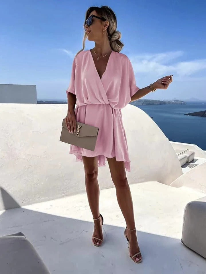 Robe portefeuille femme – Mini fluide – Décolleté plongeant – Manches courtes – Ourlet volanté