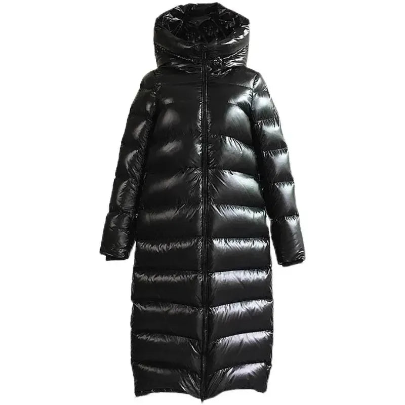 Manteau long femme – Duvet matelassé – Capuche – Finition brillante déperlante