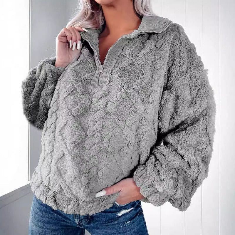 Sweat-shirt femme – coupe oversize – polaire duveteuse – demi-zip col montant