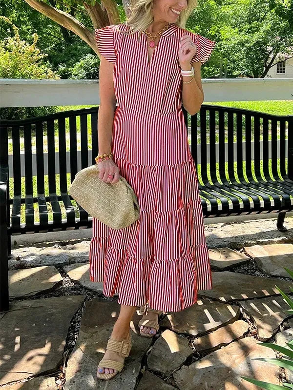 Robe midi femme – Coupe ample – Imprimé rayé – Manches volantes – Col en V – Coton