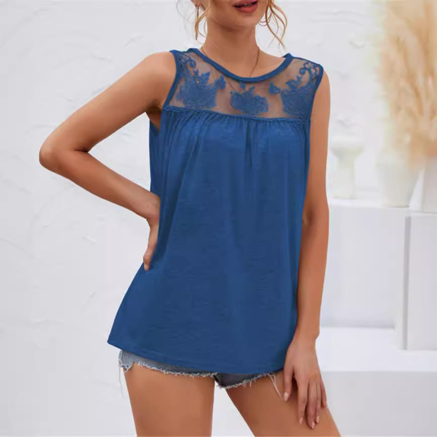 Top sans manches femme – Coupe ample – Coton doux – Détails en dentelle – Col rond