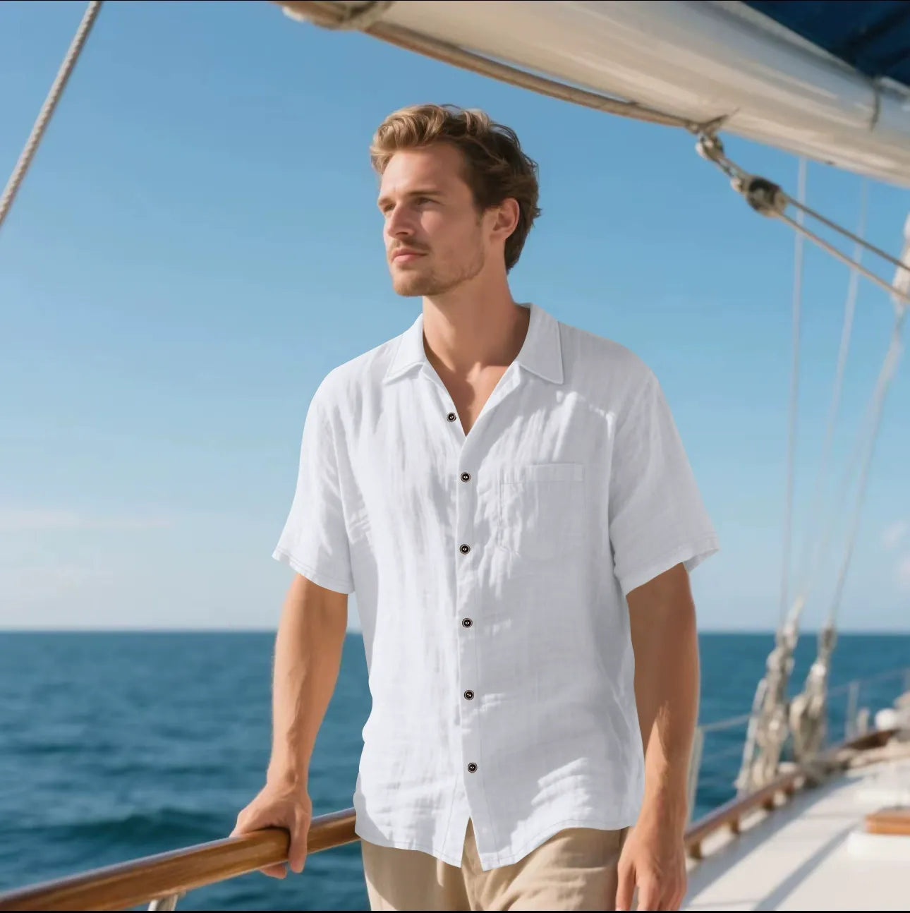 Chemise homme – Linnen respirant – Coupe décontractée – Manches courtes – Style casual