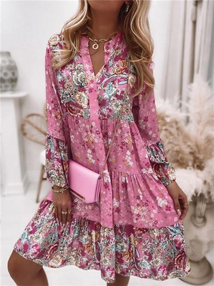 Robe mini femme – Coupe fluide – Manches longues – Motif patchwork – Col en V