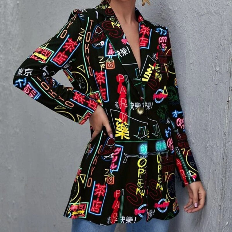 Veste femme – Coupe structurée – Imprimé abstrait – Col à revers – Manches longues