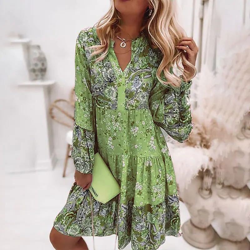 Robe mini femme – Coupe fluide – Manches longues – Motif patchwork – Col en V