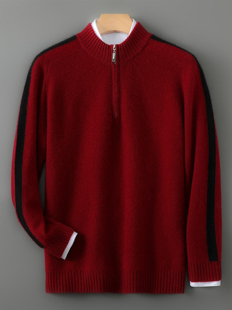 Sweat-shirt homme – Laine – Coupe classique – Demi-zip – Col et poignets côtelés