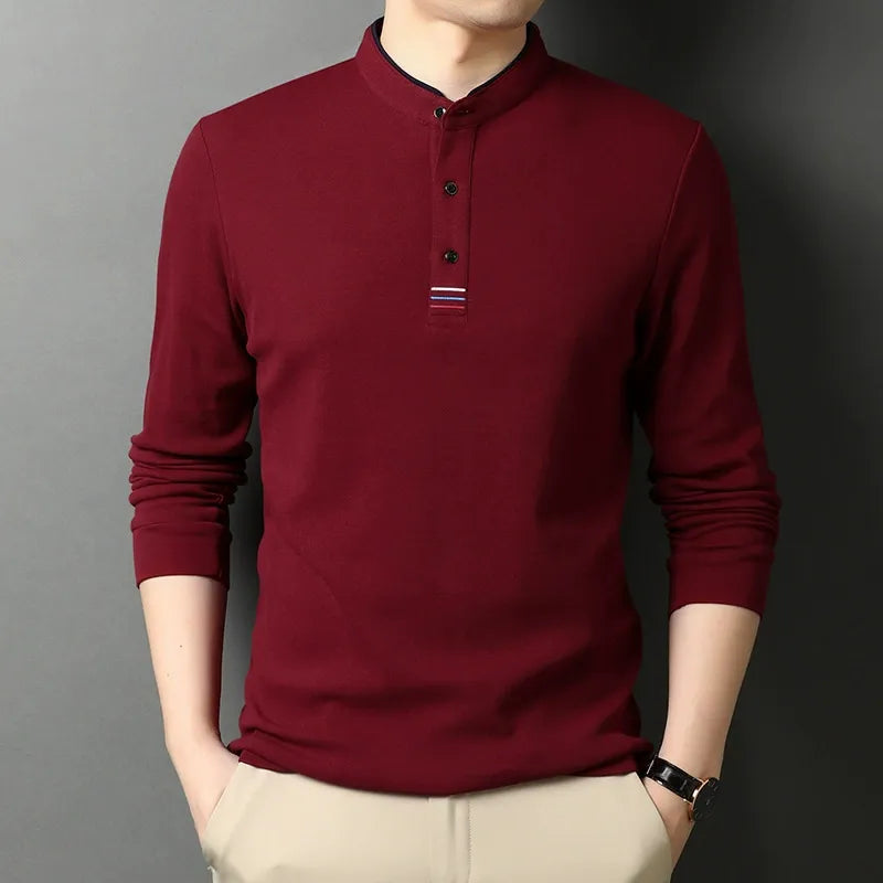 T-shirt manches longues homme – Coton – Coupe régulière – Col montant – Patte boutonnée
