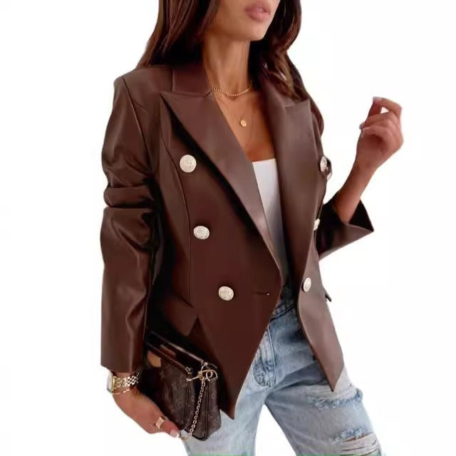 Blazer femme – Similicuir – Coupe cintrée – Double boutonnage – Manches longues