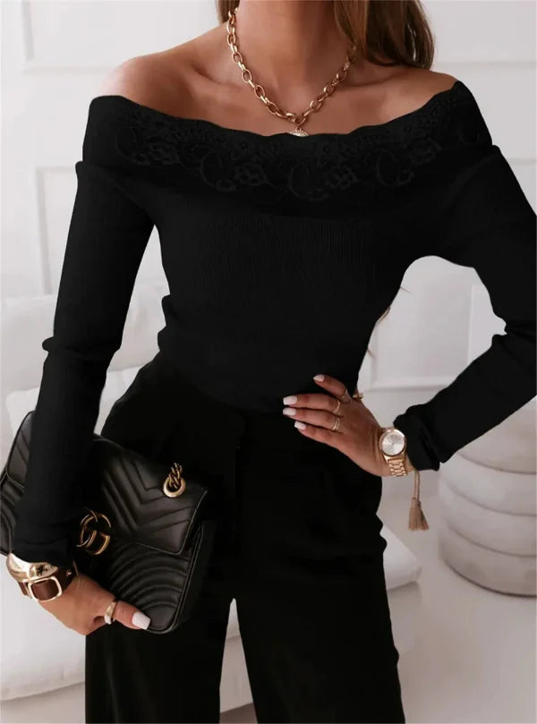 Top épaules dénudées femme – Coupe slim – Dentelle – Maille côtelée – Manches longues
