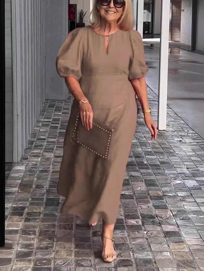 Robe midi femme – Coton doux – Coupe ample – Manches bouffantes – Col rond fendu