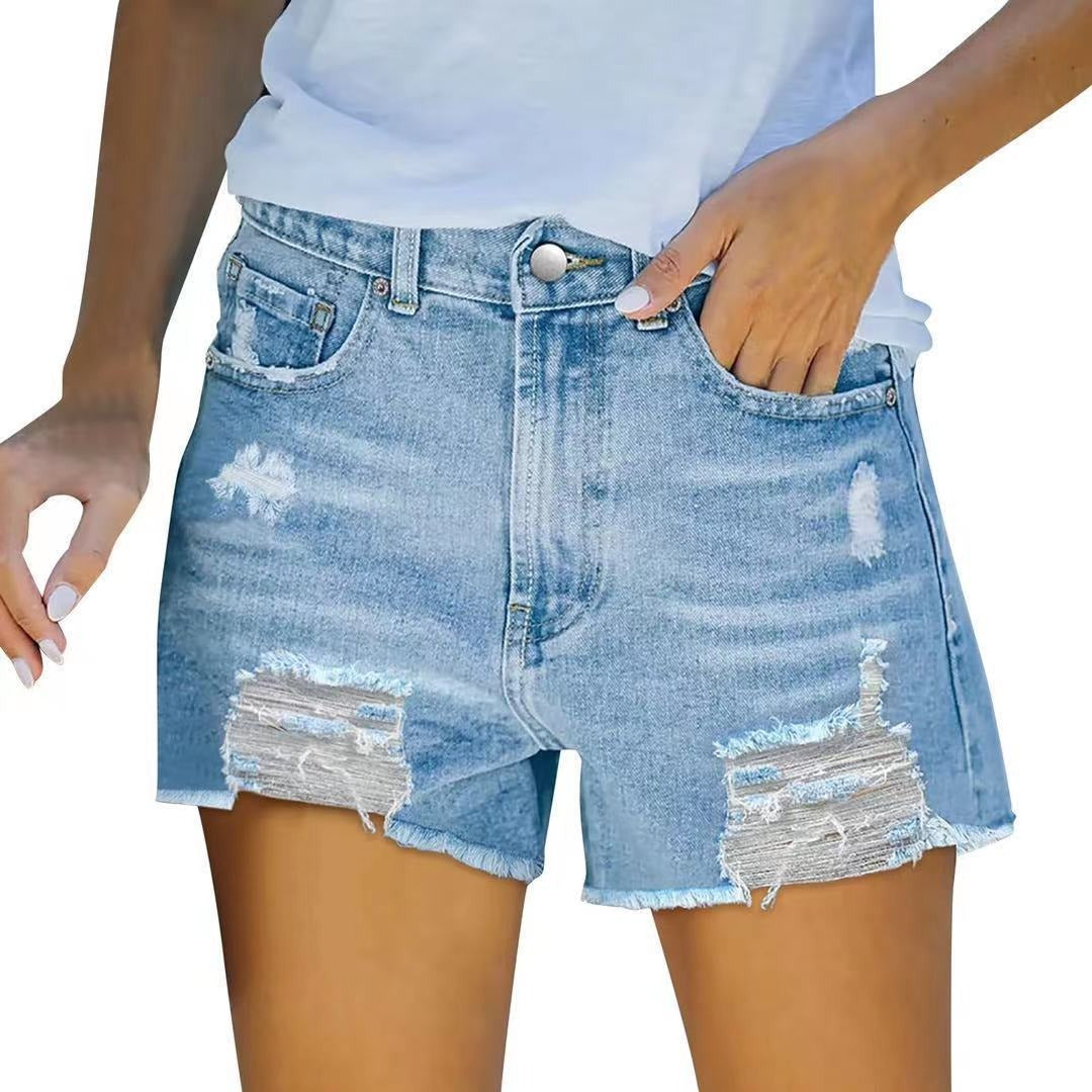Short en jean femme – Taille haute – Coupe slim – Effet usé – Ourlet effiloché