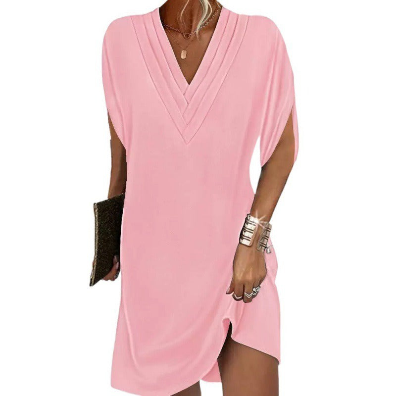 Robe mini femme – Col V plissé – Manches chauve-souris – Coupe fluide légère