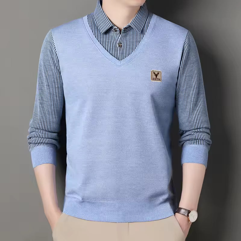Sweatshirt homme – Coupe slim – Maille douce – Col V superposé – Manches à carreaux