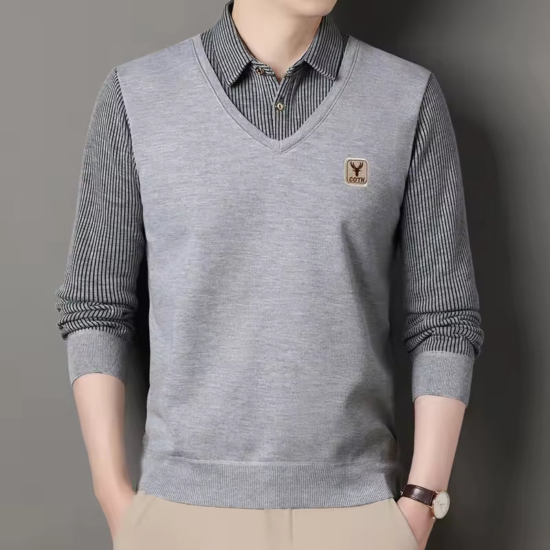 Sweatshirt homme – Coupe slim – Maille douce – Col V superposé – Manches à carreaux