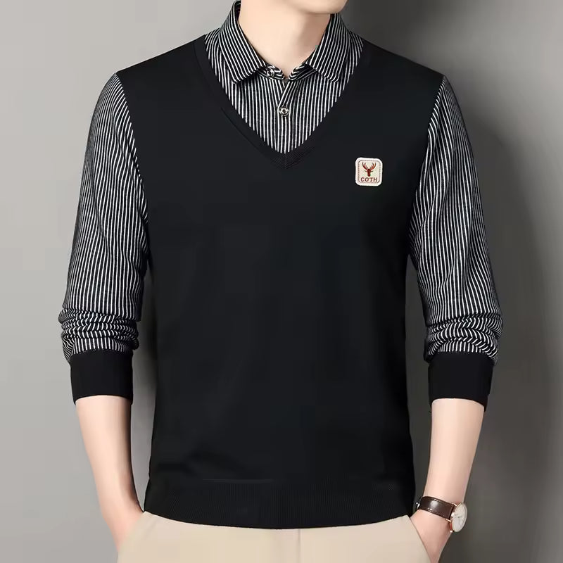Sweatshirt homme – Coupe slim – Maille douce – Col V superposé – Manches à carreaux