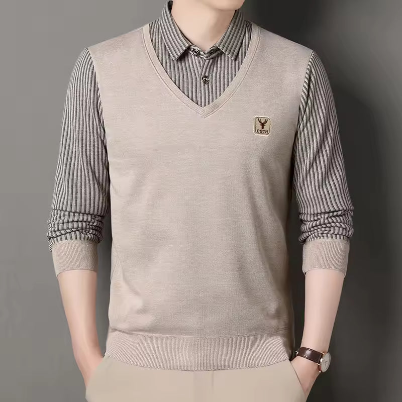 Sweatshirt homme – Coupe slim – Maille douce – Col V superposé – Manches à carreaux