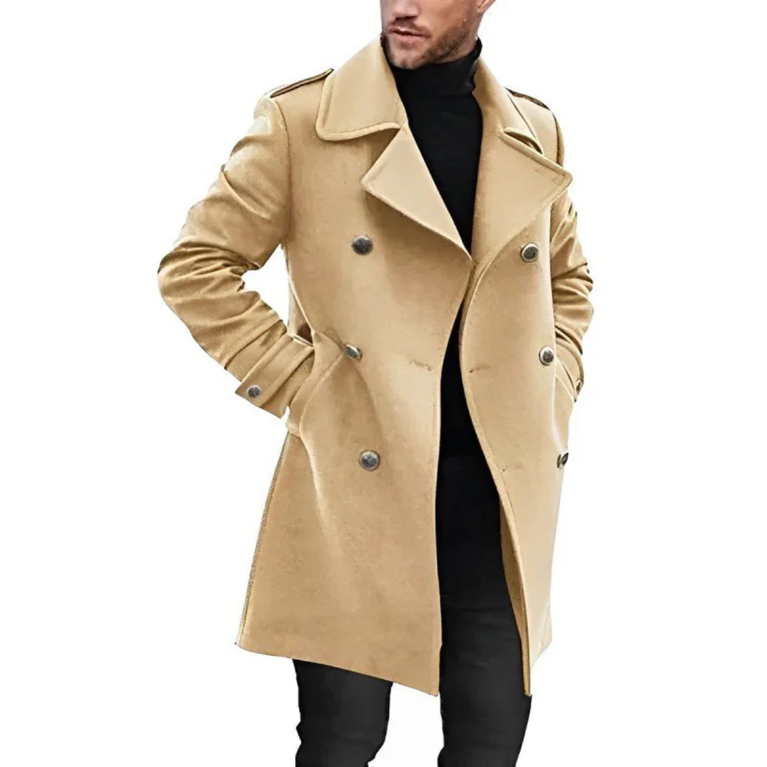 Manteau trench homme – Coupe ajustée – Laine – Double boutonnage – Épaules à pattes