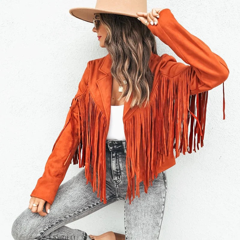 Veste femme – Cuir – Coupe ajustée décontractée – Détails à franges – Longueur hanches