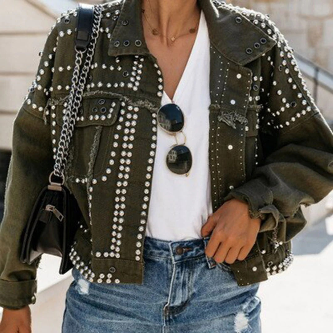 Veste femme courte – Style denim – Coupe décontractée – Clous décoratifs