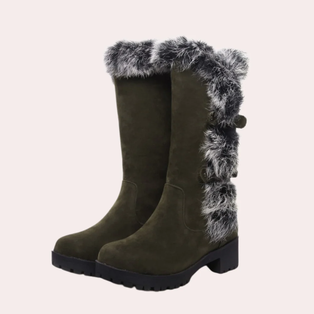 Bottes femme hauteur genou – Effet suédé – Bordure fausse fourrure – Semelle crantée – Coupe élégante