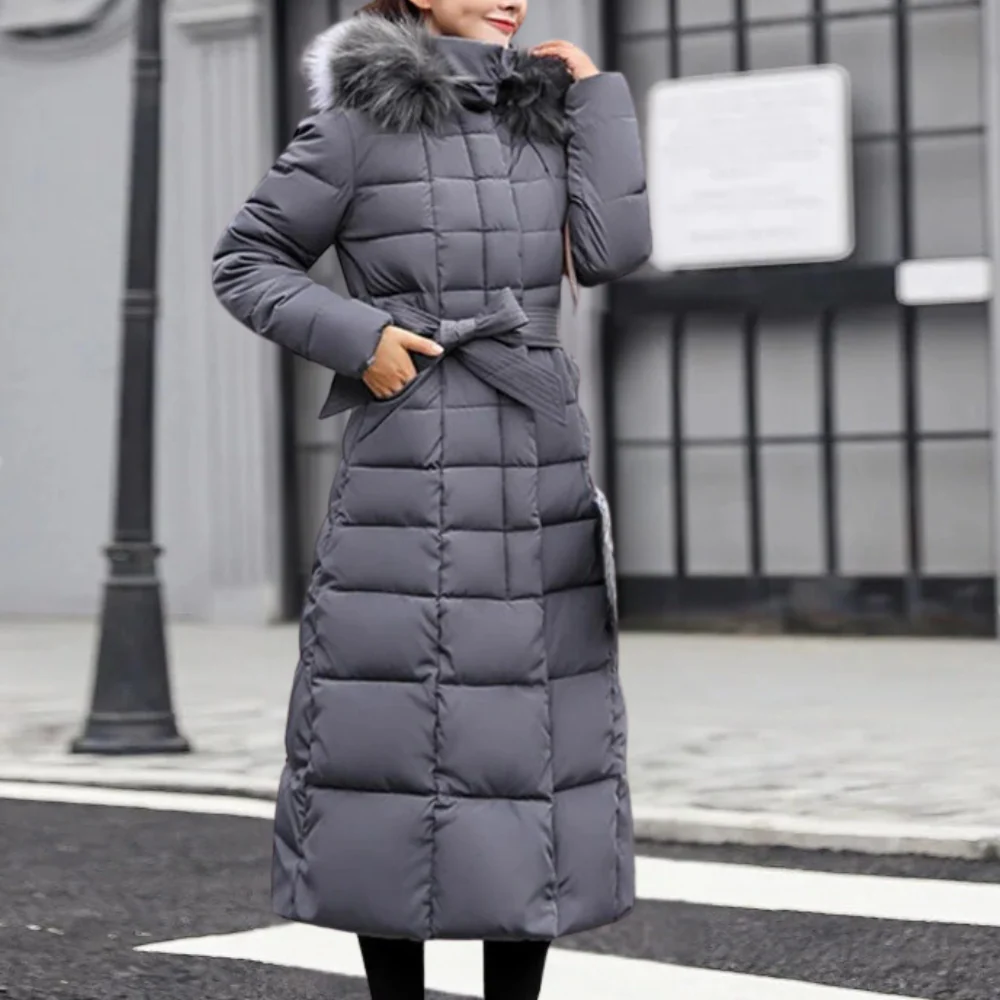 Manteau long femme – Matelassé isolant – Ceinture cintrée – Capuche en fausse fourrure