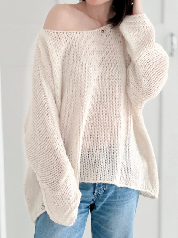 Pull femme – Coupe oversize – Maille épaisse – Épaules dénudées manches longues