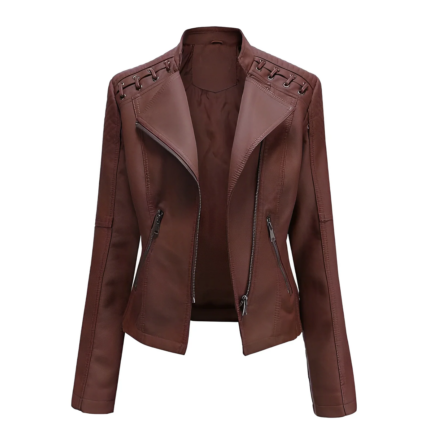 Veste en cuir femme – Coupe ajustée – Zip asymétrique – Épaules matelassées