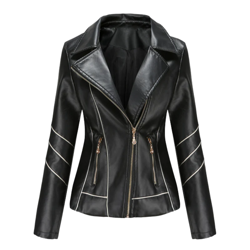 Veste en cuir femme – Coupe ajustée – Zip asymétrique – Col à revers – Style biker