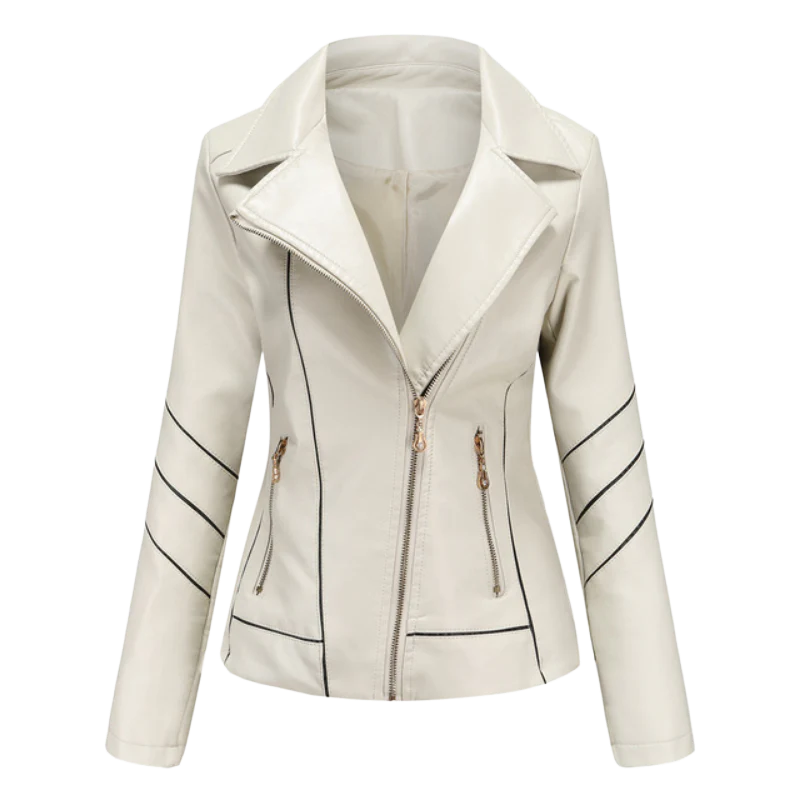Veste en cuir femme – Coupe ajustée – Zip asymétrique – Col à revers – Style biker