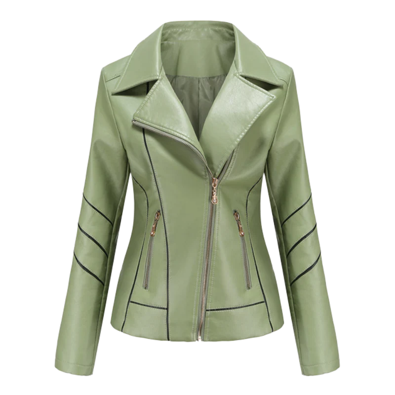Veste en cuir femme – Coupe ajustée – Zip asymétrique – Col à revers – Style biker