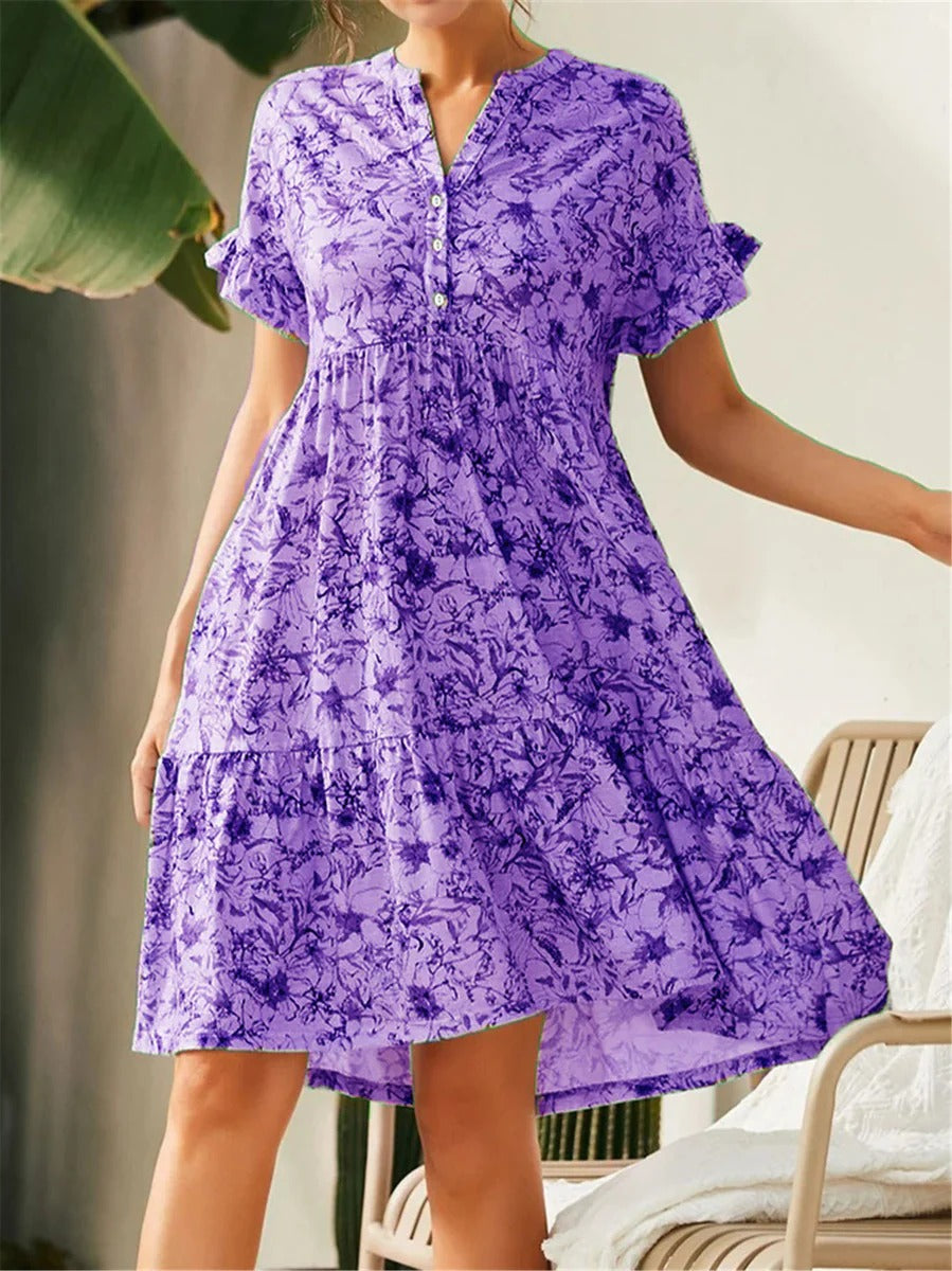 Robe Femme A-Ligne – Tissu Respirant – Imprimé Fleuri – Manches Volants – Col V