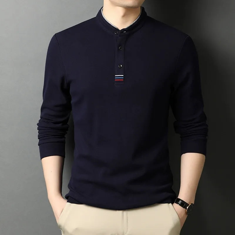 T-shirt manches longues homme – Coton – Coupe régulière – Col montant – Patte boutonnée