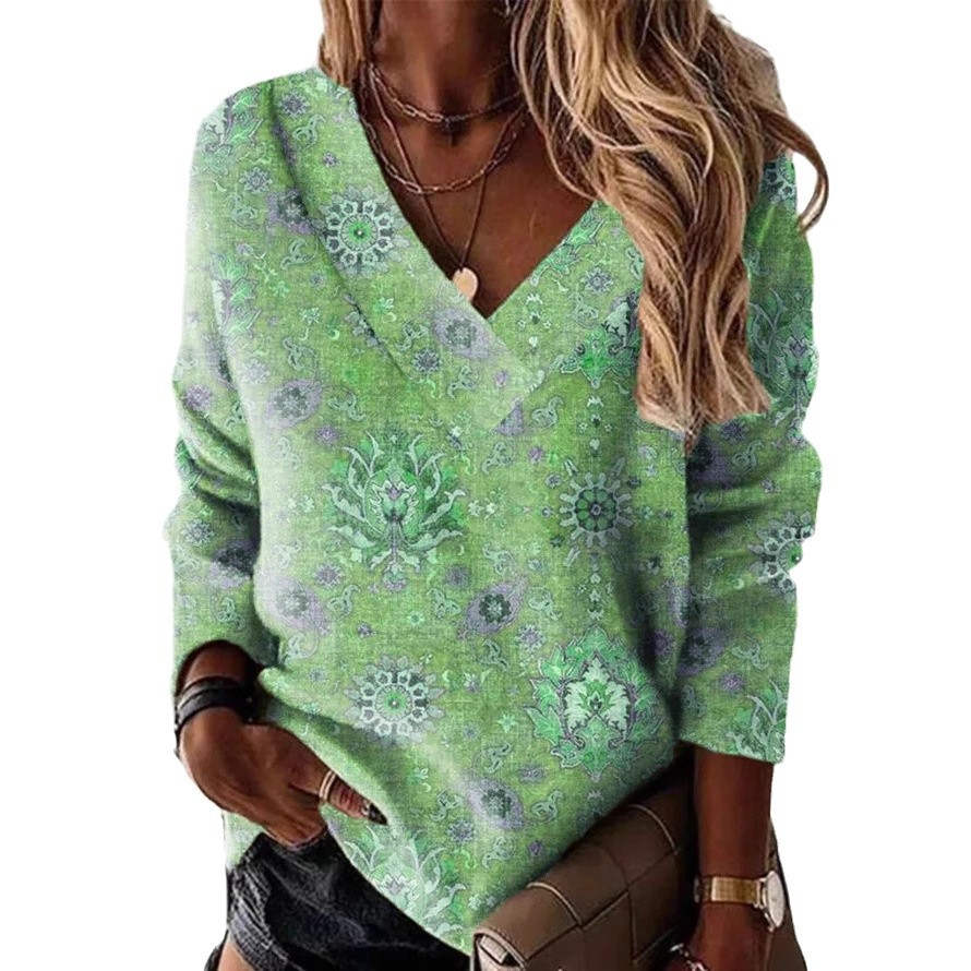 Sweat-shirt femme – Coupe ample – Col en V – Imprimé cachemire – Manches longues