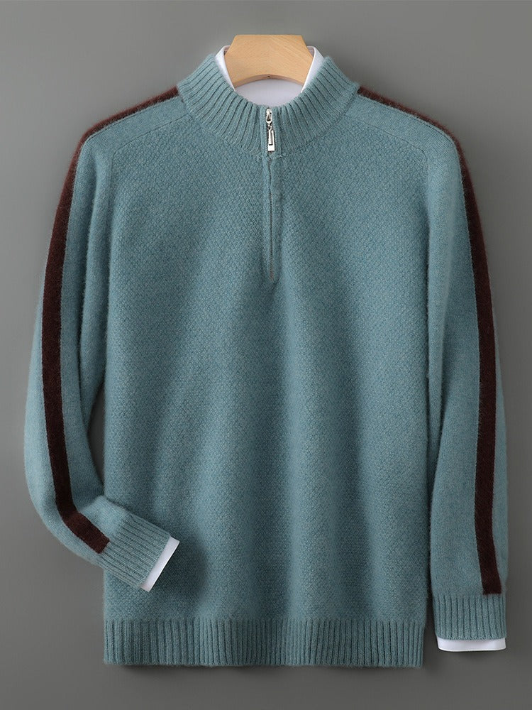Sweat-shirt homme – Laine – Coupe classique – Demi-zip – Col et poignets côtelés