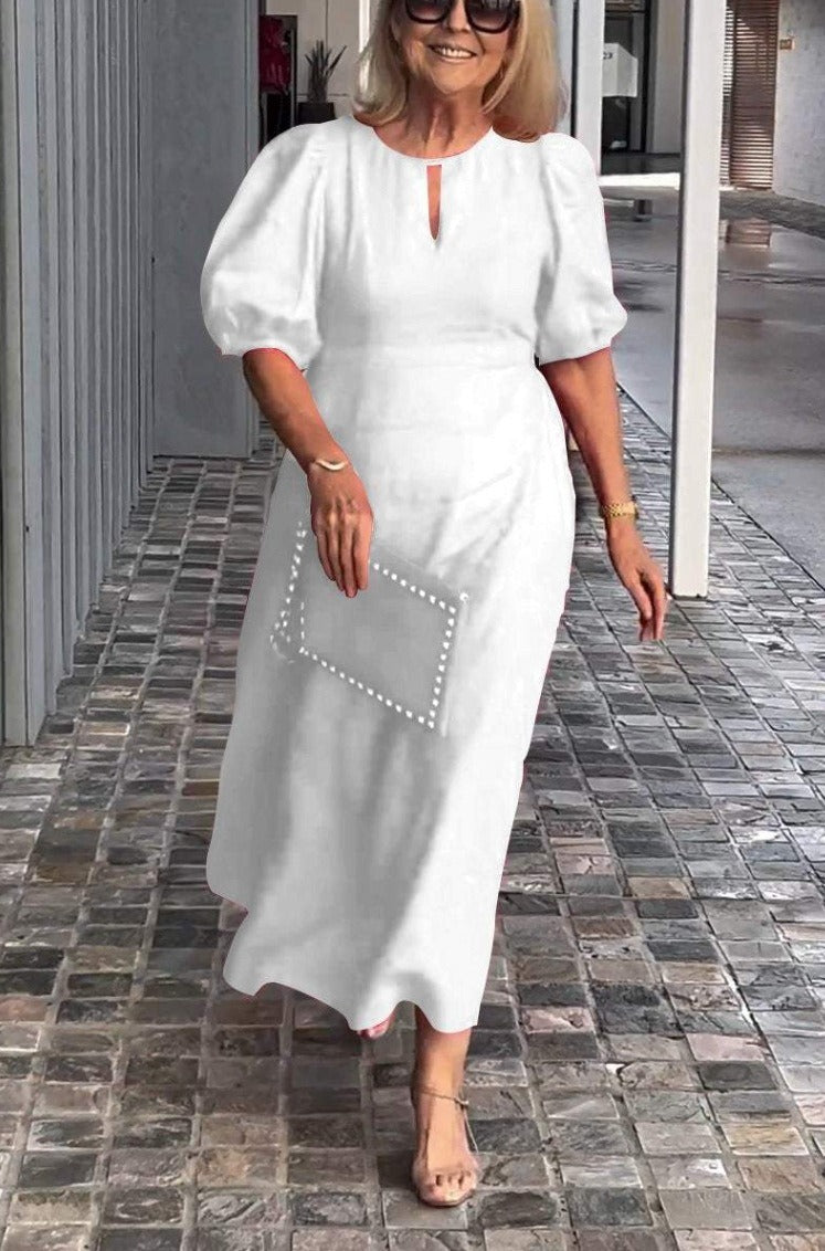 Robe midi femme – Coton doux – Coupe ample – Manches bouffantes – Col rond fendu